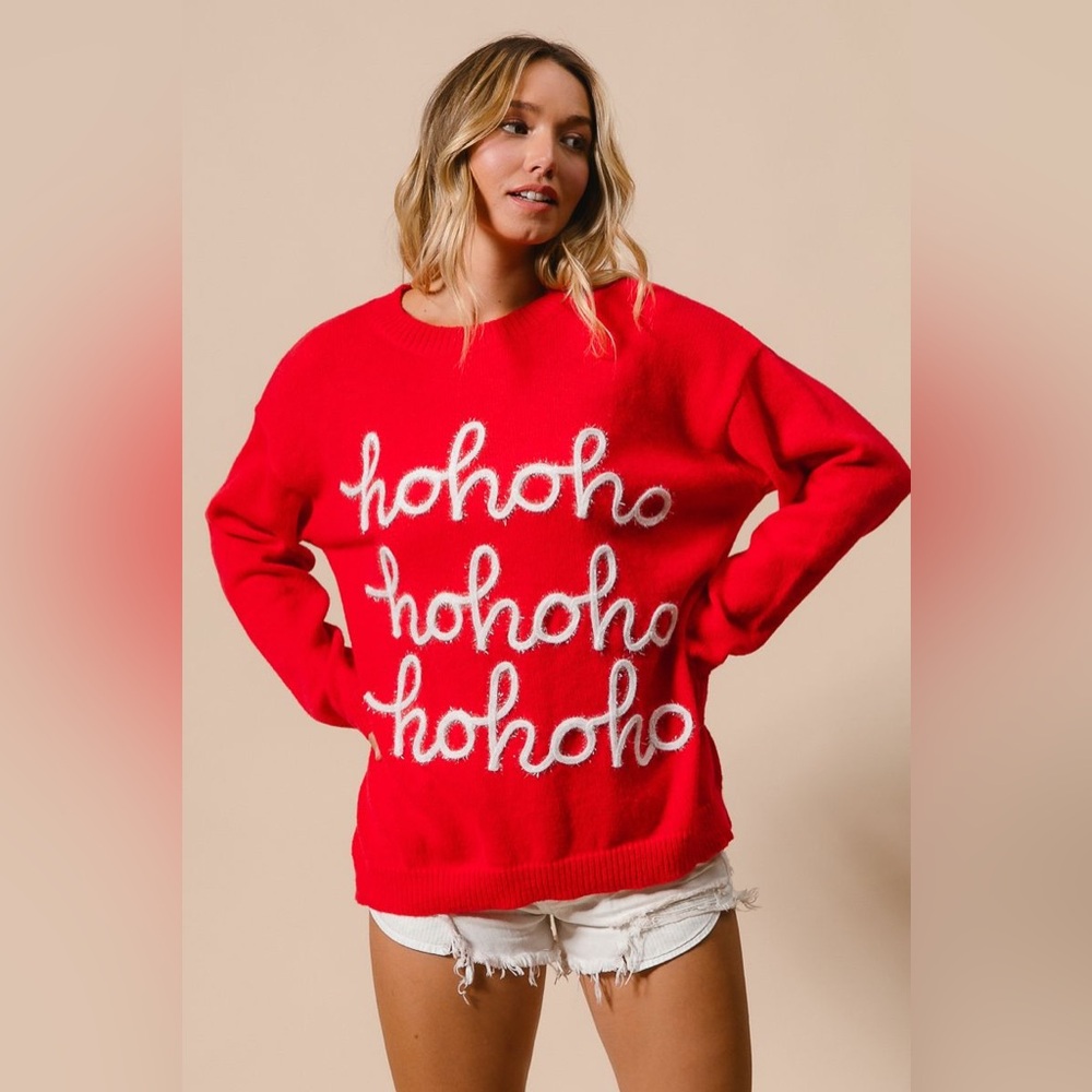NEW ARRIVAL:  BIBI SLIGHTLY TILTED TINSEL HO HO HO LETTERING CHRISTMAS SWEATER - Picture 2 of 6